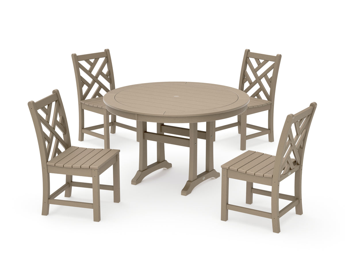 POLYWOOD Chippendale Side Chair 5-Piece Round Dining Set with Trestle Legs in Vintage Sahara