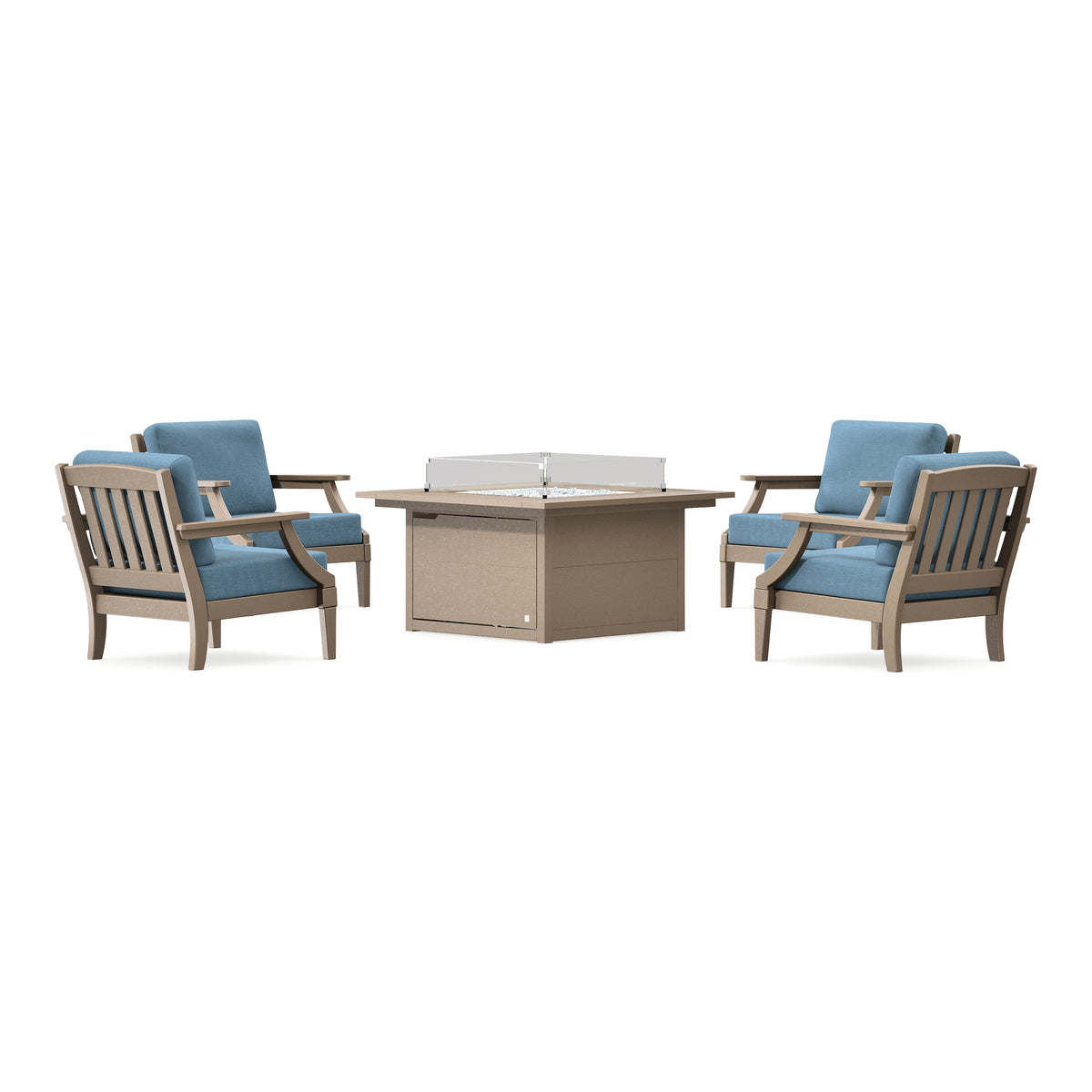 POLYWOOD PW Designer Series Estate 5-Piece Lounge Fire Table Set in Vintage Sahara / Sky Blue