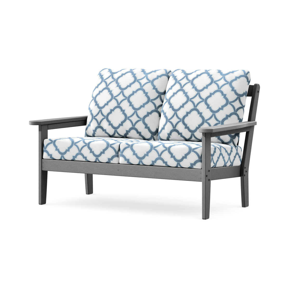 POLYWOOD Cottage Deep Seating Loveseat in Slate Grey / Trellis Sky Blue