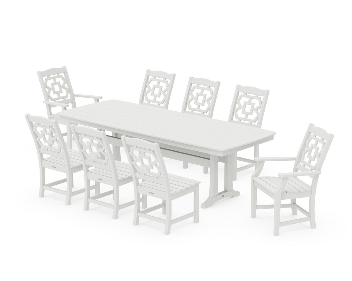 POLYWOOD Chinoiserie 9-Piece Dining Set with Trestle Legs in Vintage White