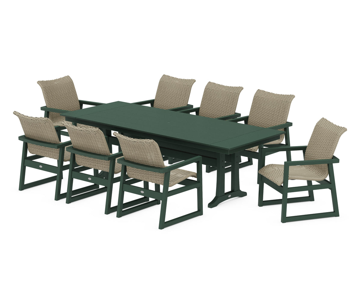 POLYWOOD EDGE Woven 9-Piece Farmhouse Dining Set with Trestle Legs in Green / Dune Grass