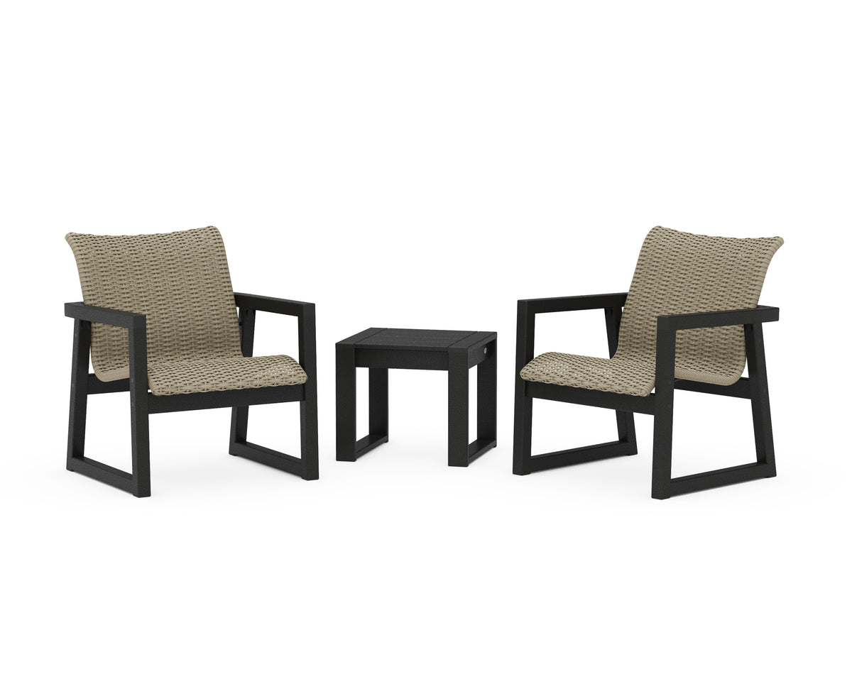POLYWOOD EDGE Woven 3-Piece Lounge Chair Seating Set in Black / Dune Grass
