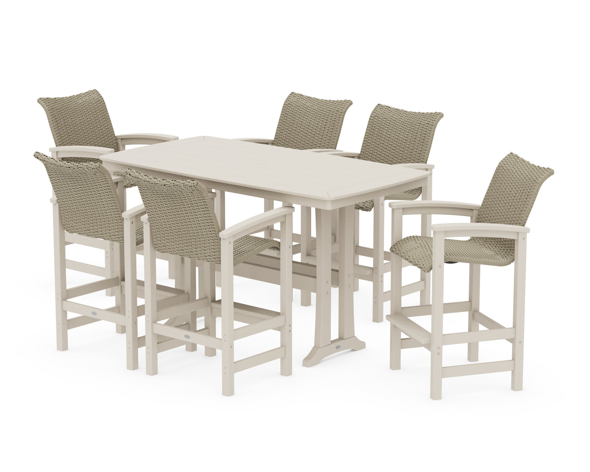 POLYWOOD Coastal Woven Arm Chair 7-Piece Bar Set with Trestle Legs in Sand / Dune Grass