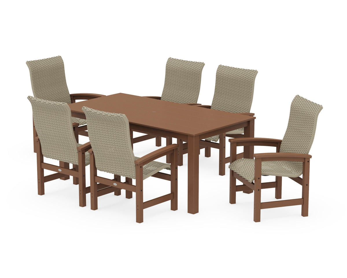 POLYWOOD Coastal Woven High-Back Arm Chair 7-Piece Parsons Dining Set in Teak / Dune Grass