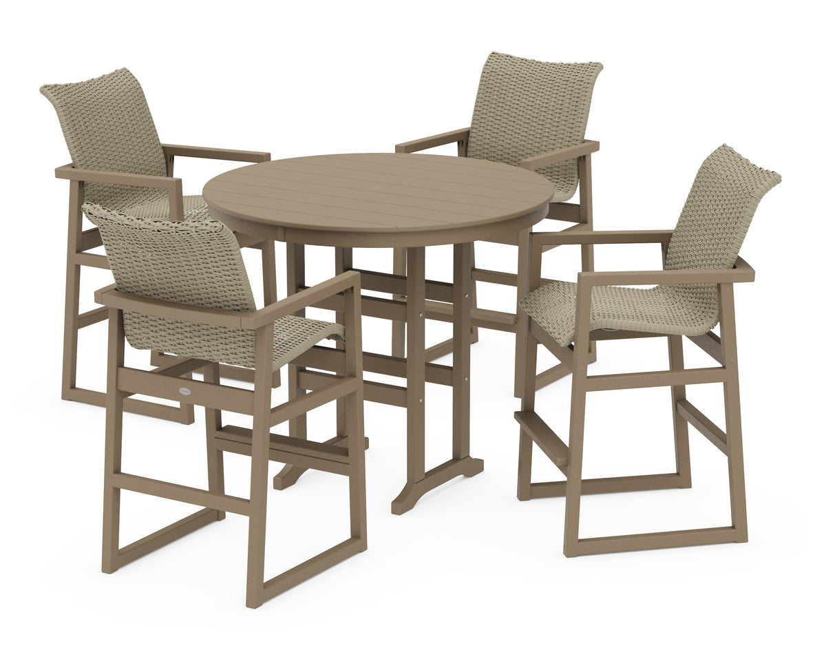 POLYWOOD EDGE Woven 5-Piece Round Farmhouse Bar Set in Vintage Sahara / Dune Grass