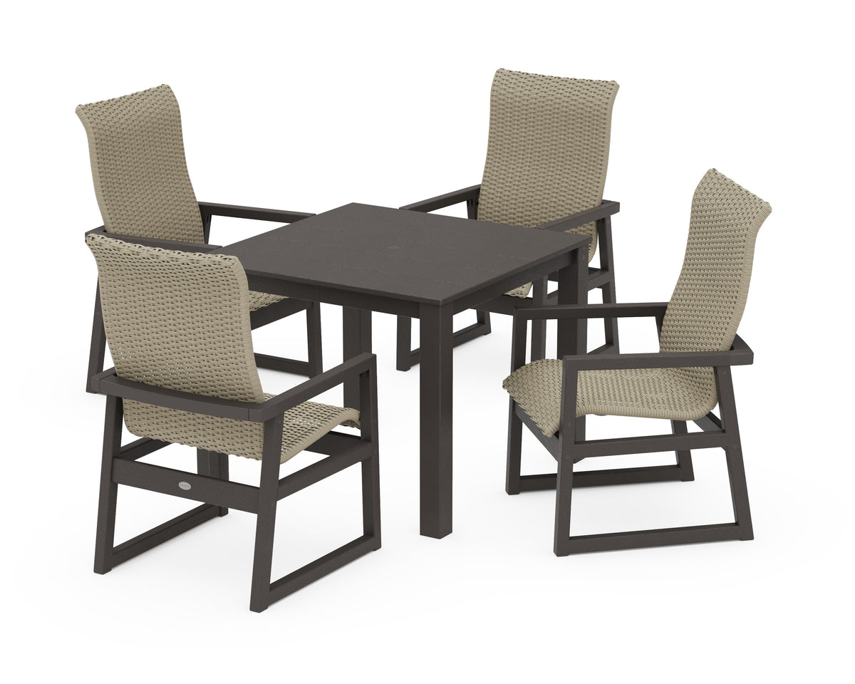 POLYWOOD EDGE Woven High-Back 5-Piece Parsons Dining Set in Vintage Coffee / Dune Grass