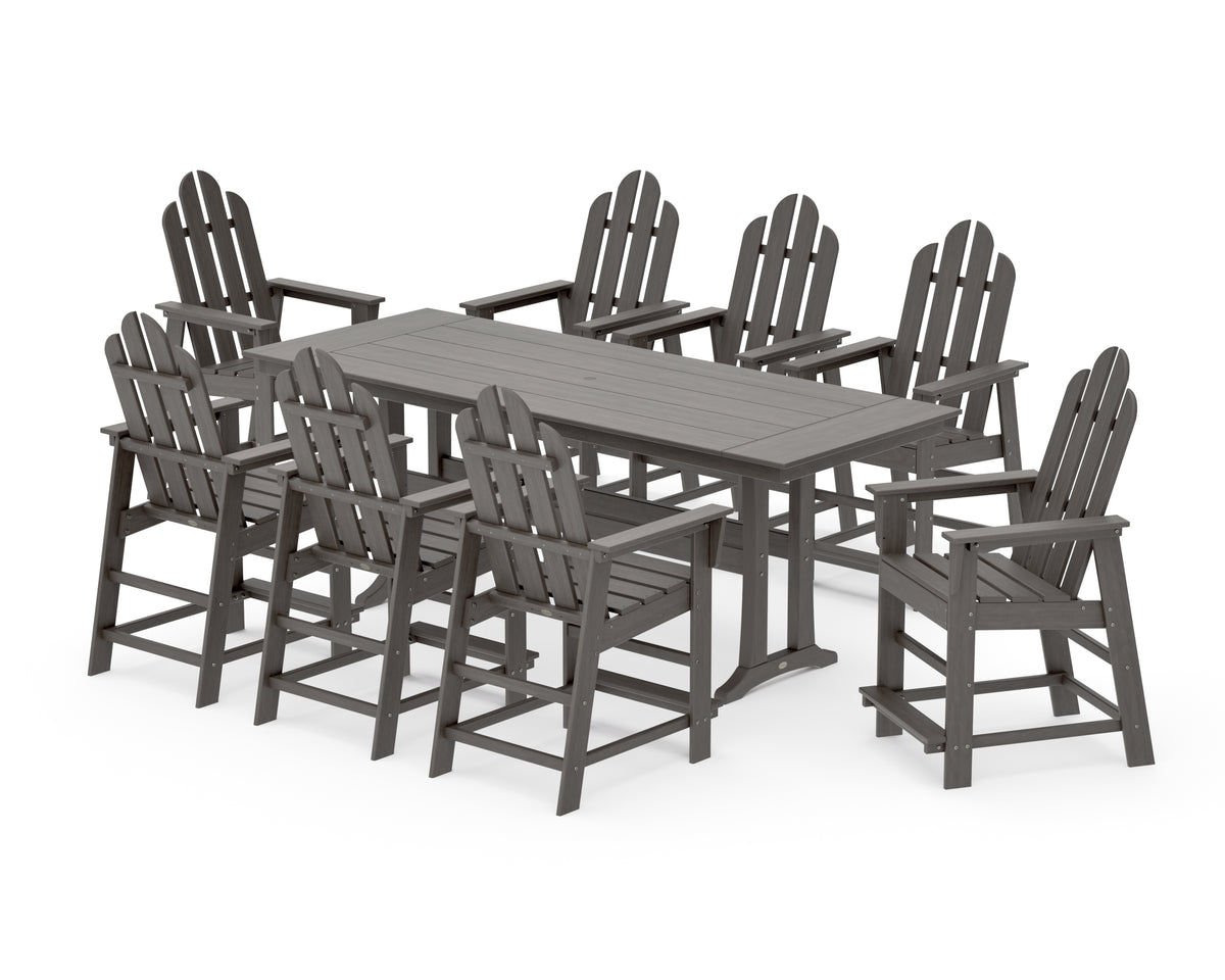 POLYWOOD Long Island 9-Piece Farmhouse Counter Set with Trestle Legs in Driftwood