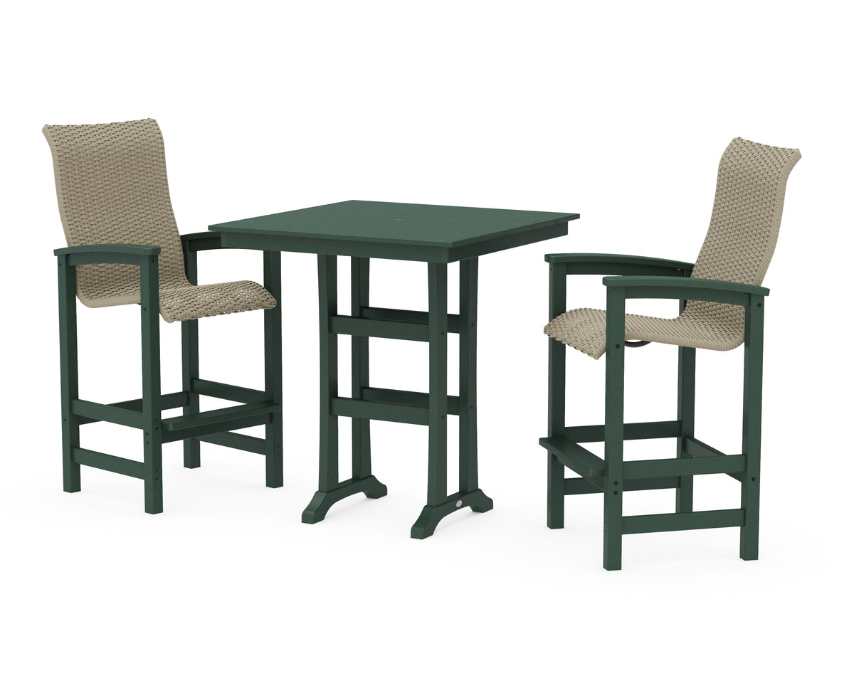POLYWOOD Coastal Woven High-Back 3-Piece Farmhouse Bar Set with Trestle Legs in Green / Dune Grass