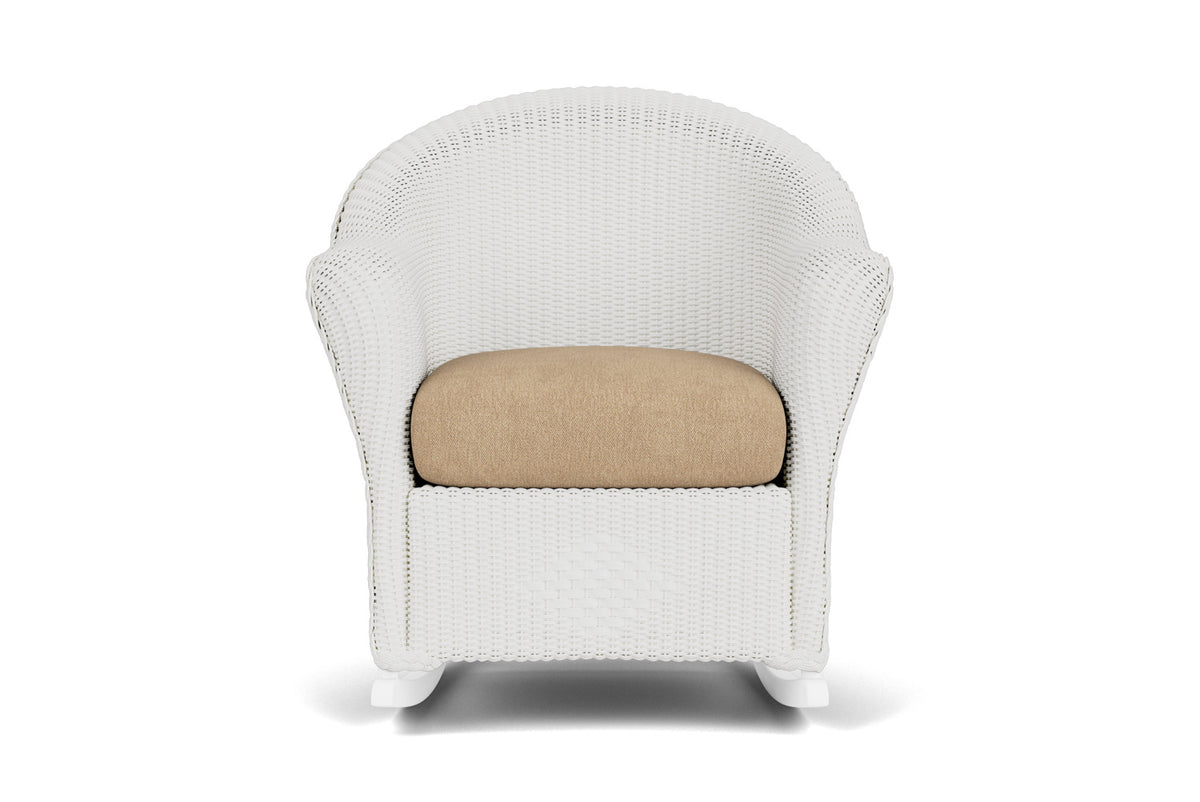 Lloyd Flanders Reflections Porch Rocker in Matte White with Hayden Sand fabric