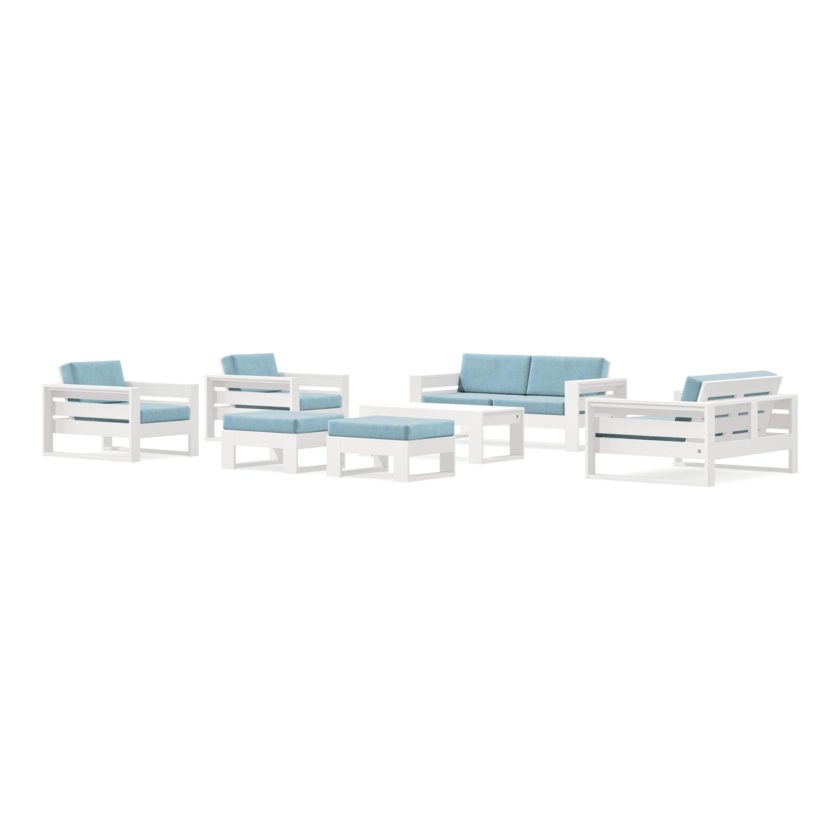 POLYWOOD PW Designer Series Latitude 7-Piece Lounge Loveseat Set in Vintage White / Lattice Sky Blue