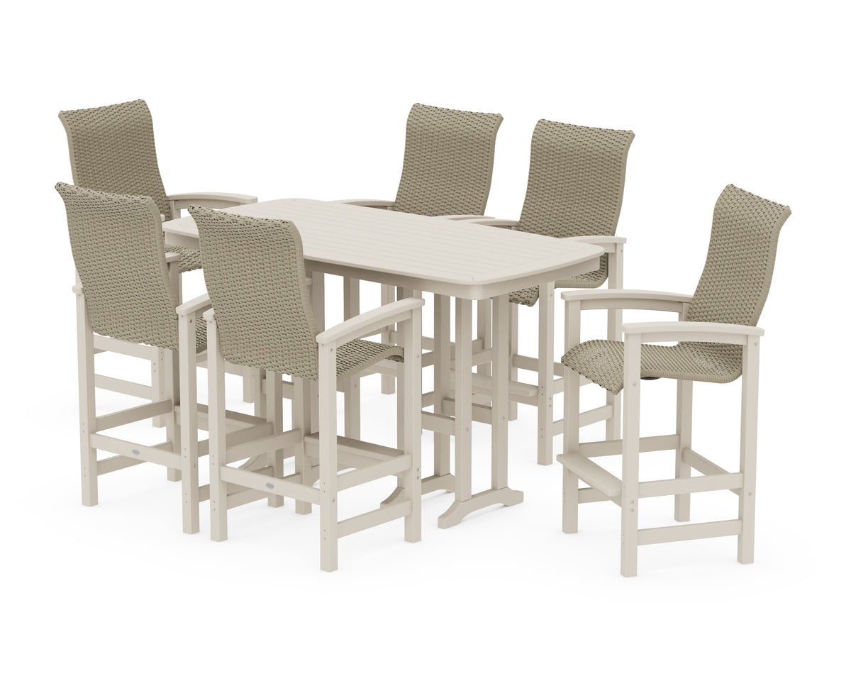 POLYWOOD Coastal Woven High-Back Arm Chair 7-Piece Bar Set in Sand / Dune Grass