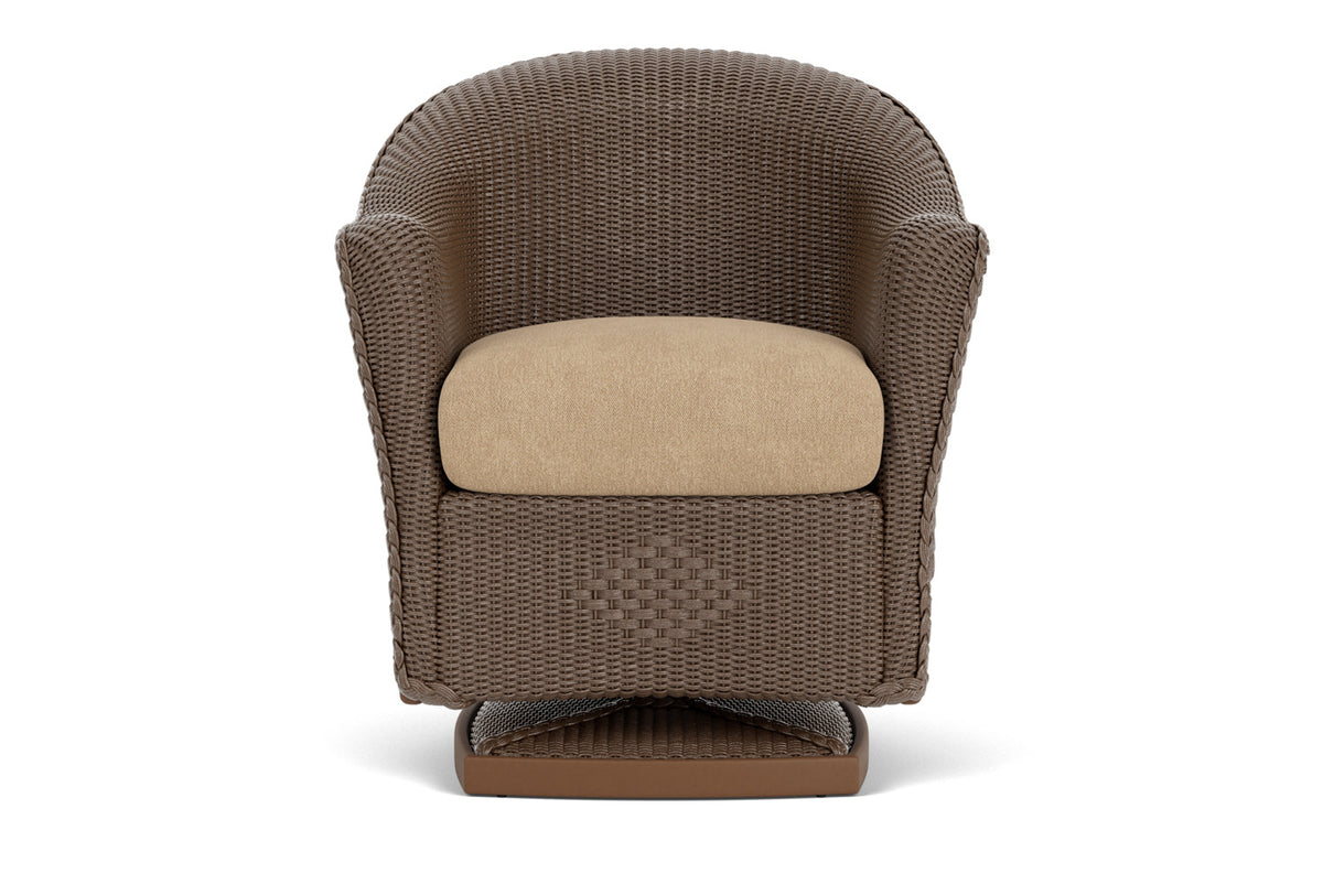 Lloyd Flanders Reflections Swivel Rocker Dining Armchair in Bark with Hayden Sand fabric
