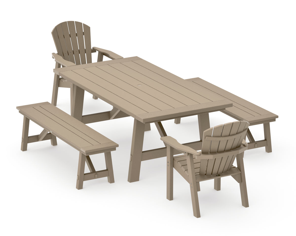 POLYWOOD Seashell 5-Piece Rustic Farmhouse Dining Set with Benches in Vintage Sahara