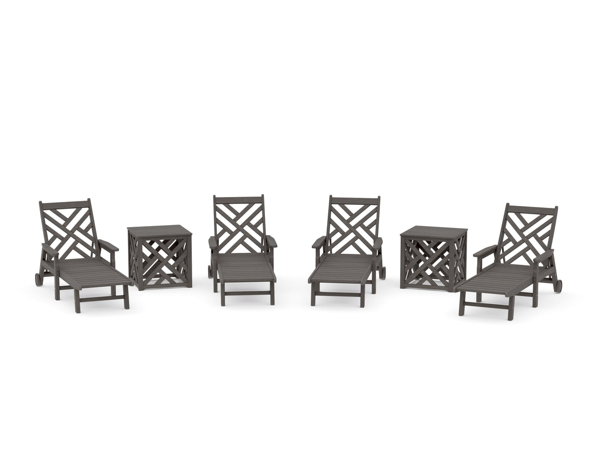 POLYWOOD Chippendale 6-Piece Chaise Set with Umbrella Stand Accent Table in Driftwood