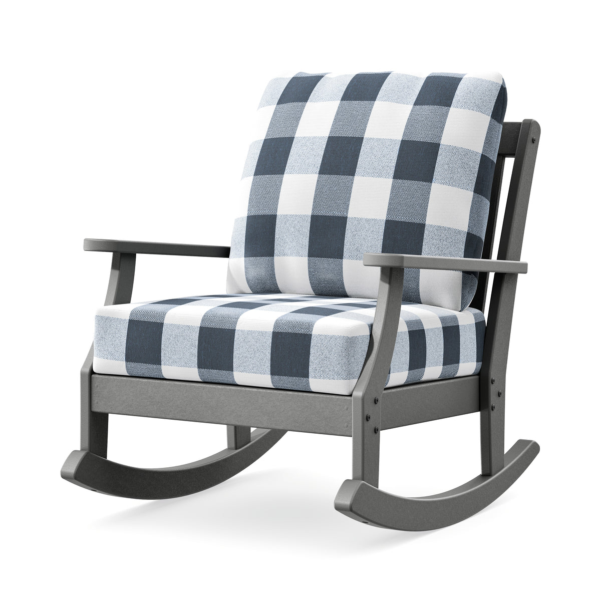 POLYWOOD Braxton Deep Seating Rocking Chair in Slate Grey / Buffalo Plaid Marine Indigo