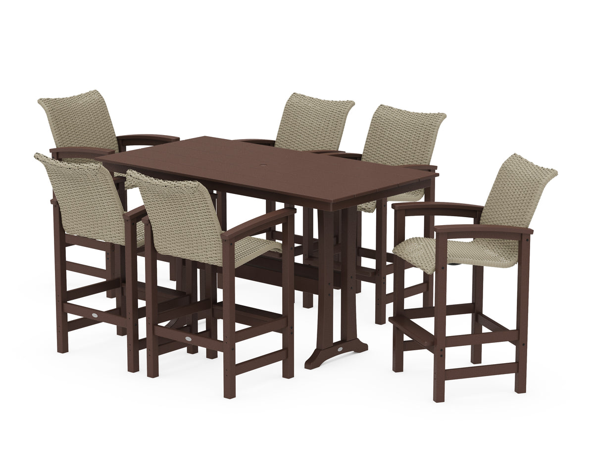 POLYWOOD Coastal Woven Arm Chair 7-Piece Farmhouse Bar Set with Trestle Legs in Mahogany / Dune Grass