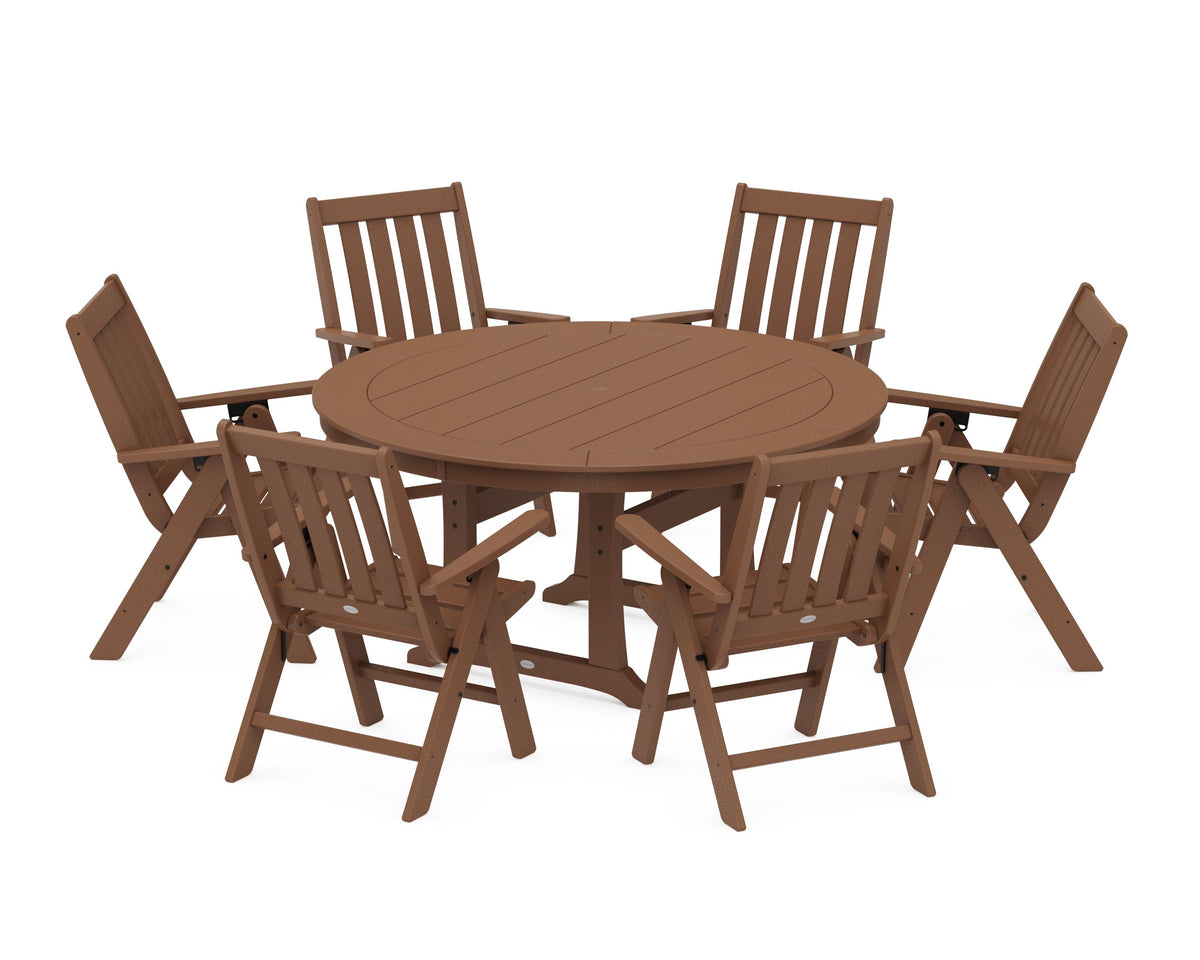 POLYWOOD Vineyard Folding 7-Piece Side Chair Round Dining Set in Teak