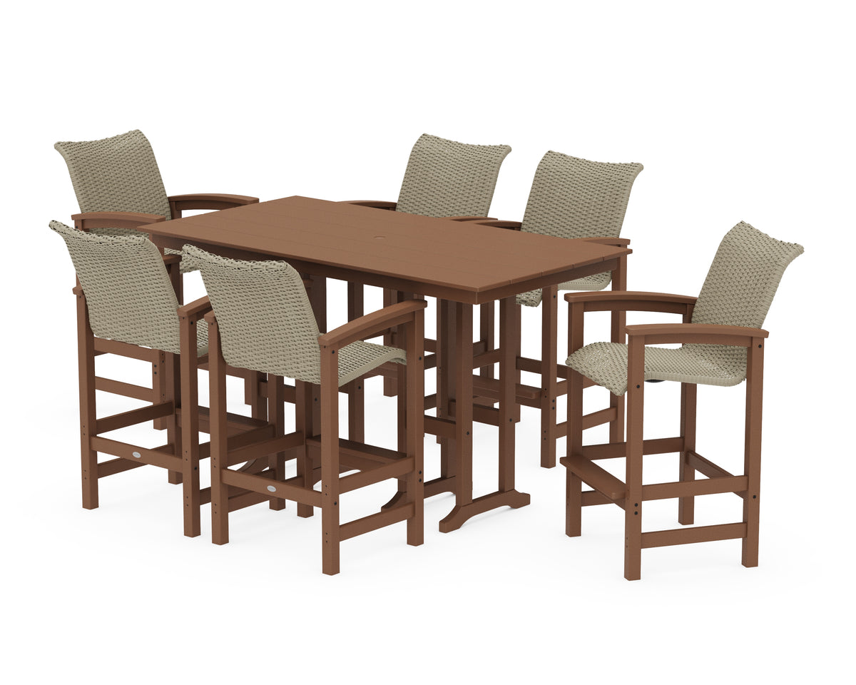 POLYWOOD Coastal Woven Arm Chair 7-Piece Farmhouse Bar Set in Teak / Dune Grass