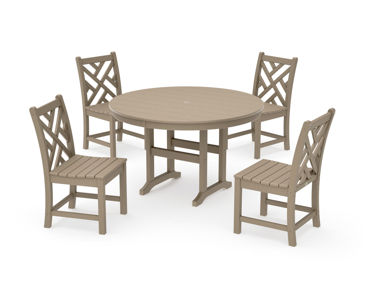 POLYWOOD Chippendale 5-Piece Round Farmhouse Side Chair Dining Set in Vintage Sahara