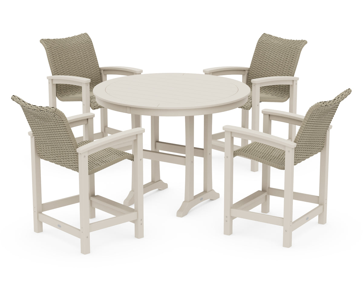POLYWOOD Coastal Woven 5-Piece Round Counter Set in Sand / Dune Grass