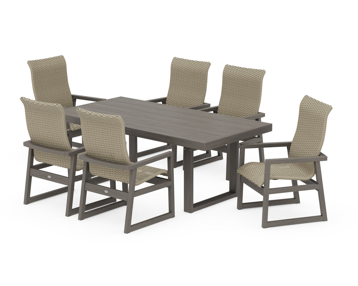 POLYWOOD EDGE Woven High-Back Arm Chair 7-Piece Dining Set in Driftwood / Dune Grass