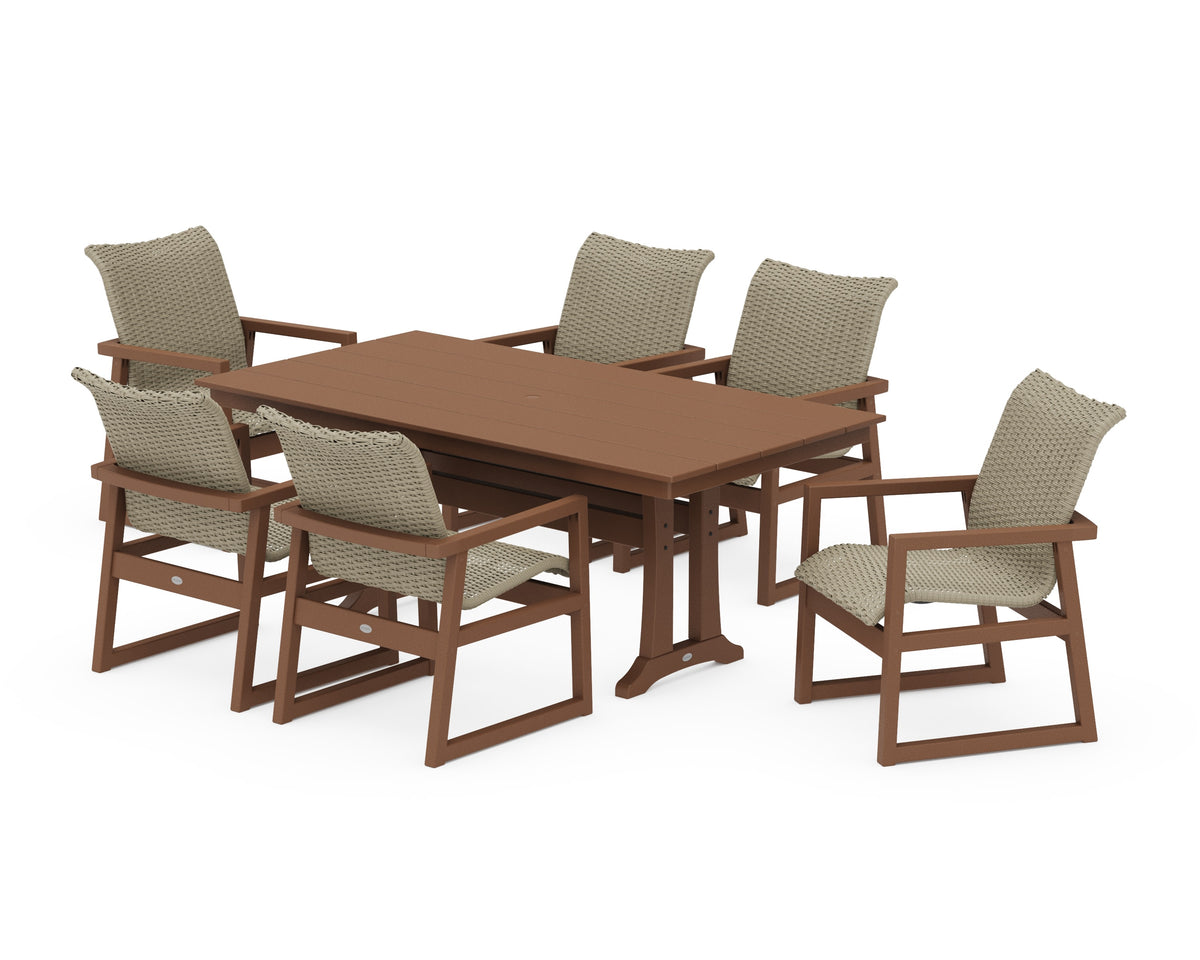 POLYWOOD EDGE Woven Arm Chair 7-Piece Farmhouse Dining Set with Trestle Legs in Teak / Dune Grass