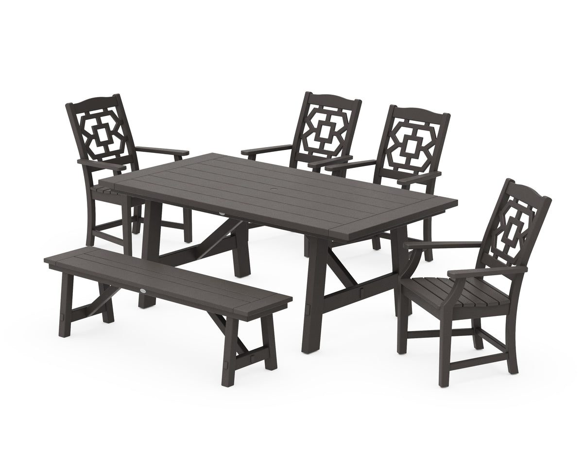 POLYWOOD Chinoiserie 6-Piece Rustic Farmhouse Dining Set with Bench in Vintage Coffee