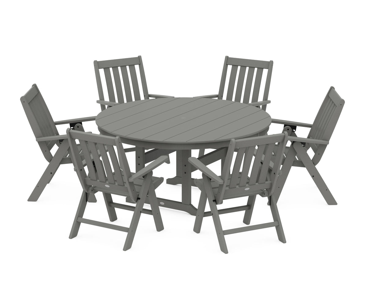 POLYWOOD Vineyard 7-Piece Folding Chair Round Farmhouse Dining Set in Slate Grey
