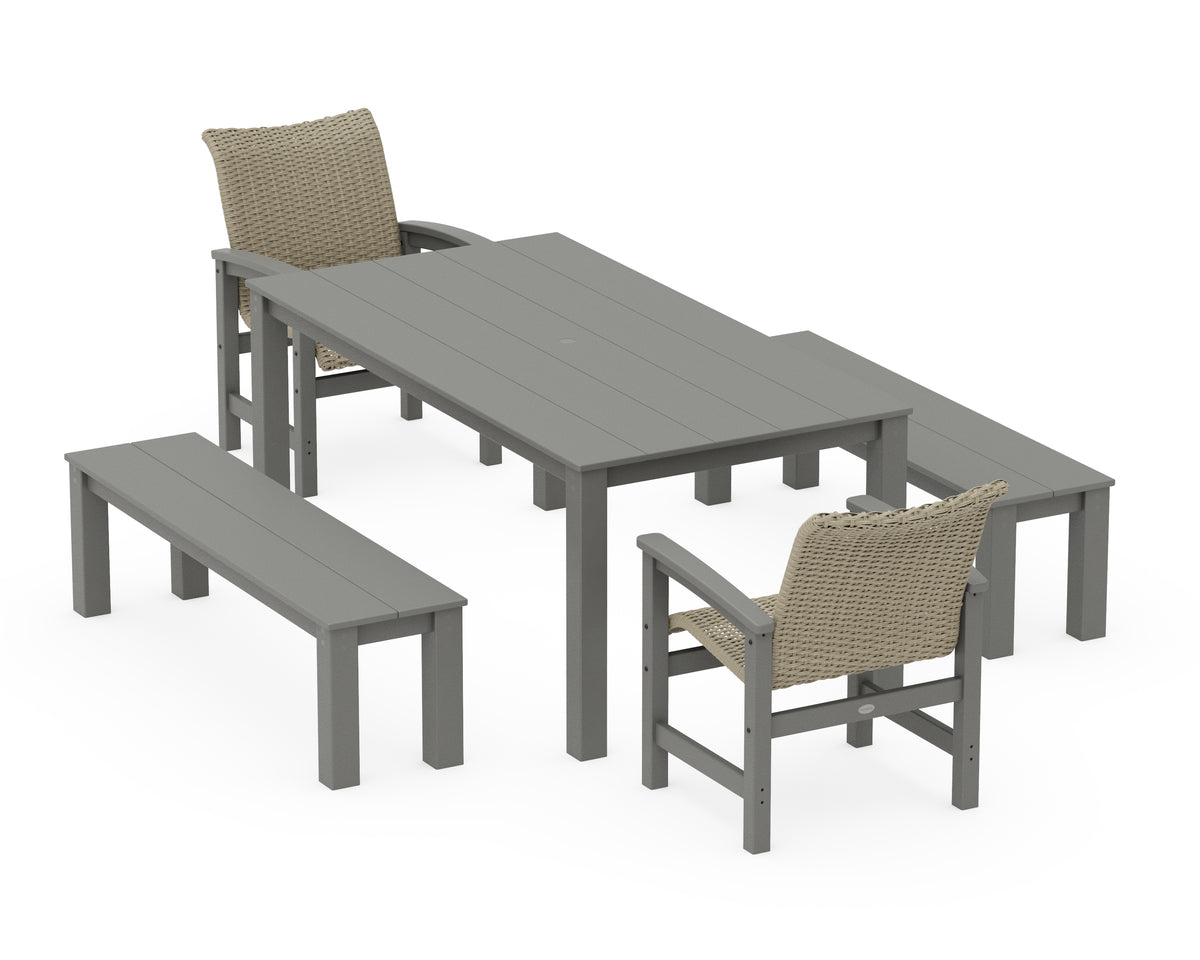 POLYWOOD Coastal Woven 5-Piece Parsons Dining Set with Benches in Slate Grey / Dune Grass