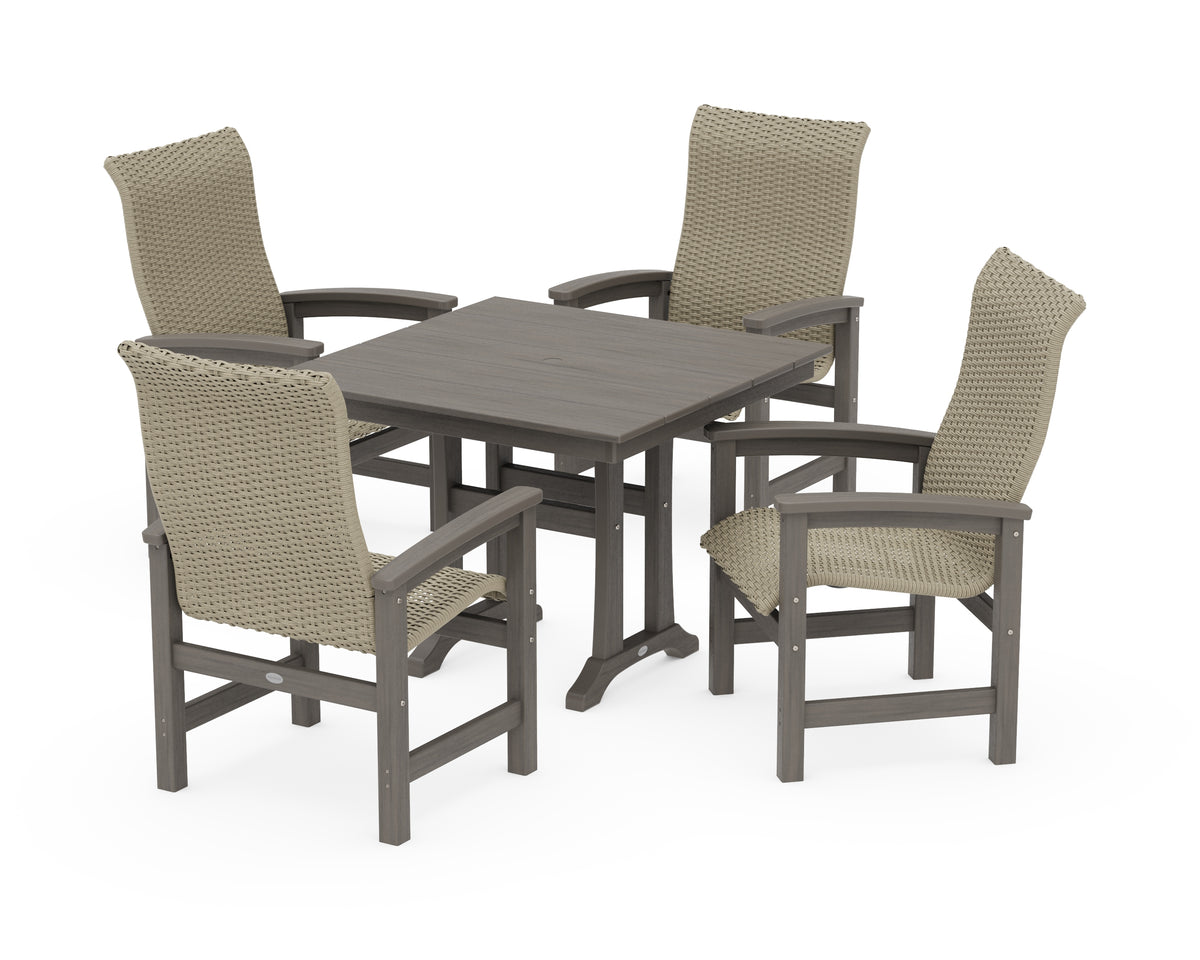 POLYWOOD Coastal Woven High-Back 5-Piece Farmhouse Dining Set with Trestle Legs in Driftwood / Dune Grass