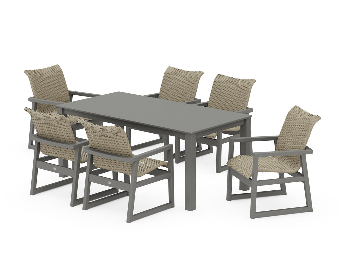 POLYWOOD EDGE Woven Arm Chair 7-Piece Parsons Dining Set in Slate Grey / Dune Grass