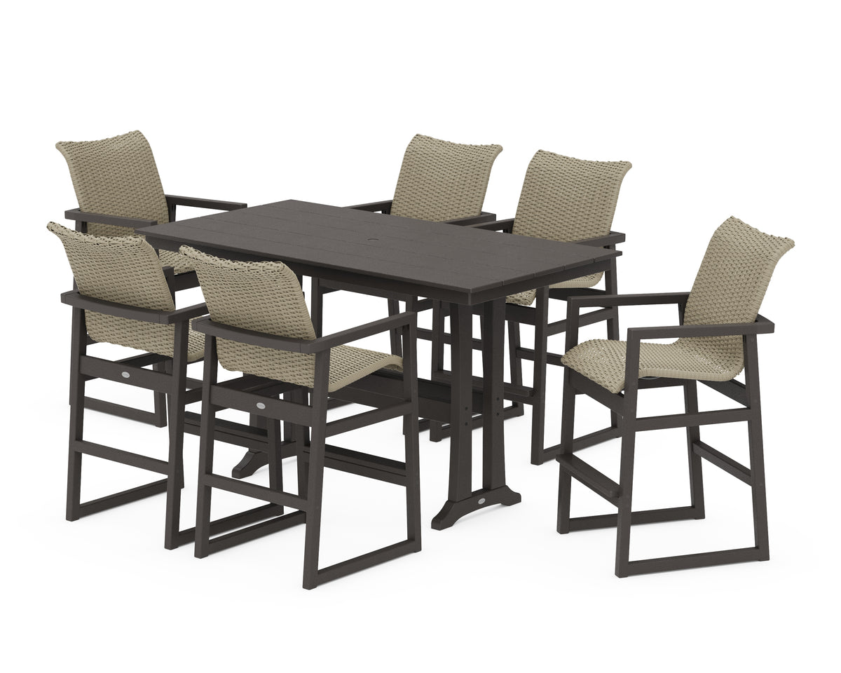 POLYWOOD EDGE Woven Arm Chair 7-Piece Farmhouse Bar Set with Trestle Legs in Vintage Coffee / Dune Grass