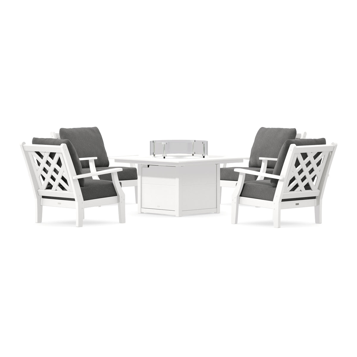 POLYWOOD Country Living Wovendale 5-Piece Deep Seating Set with Fire Pit Table in White