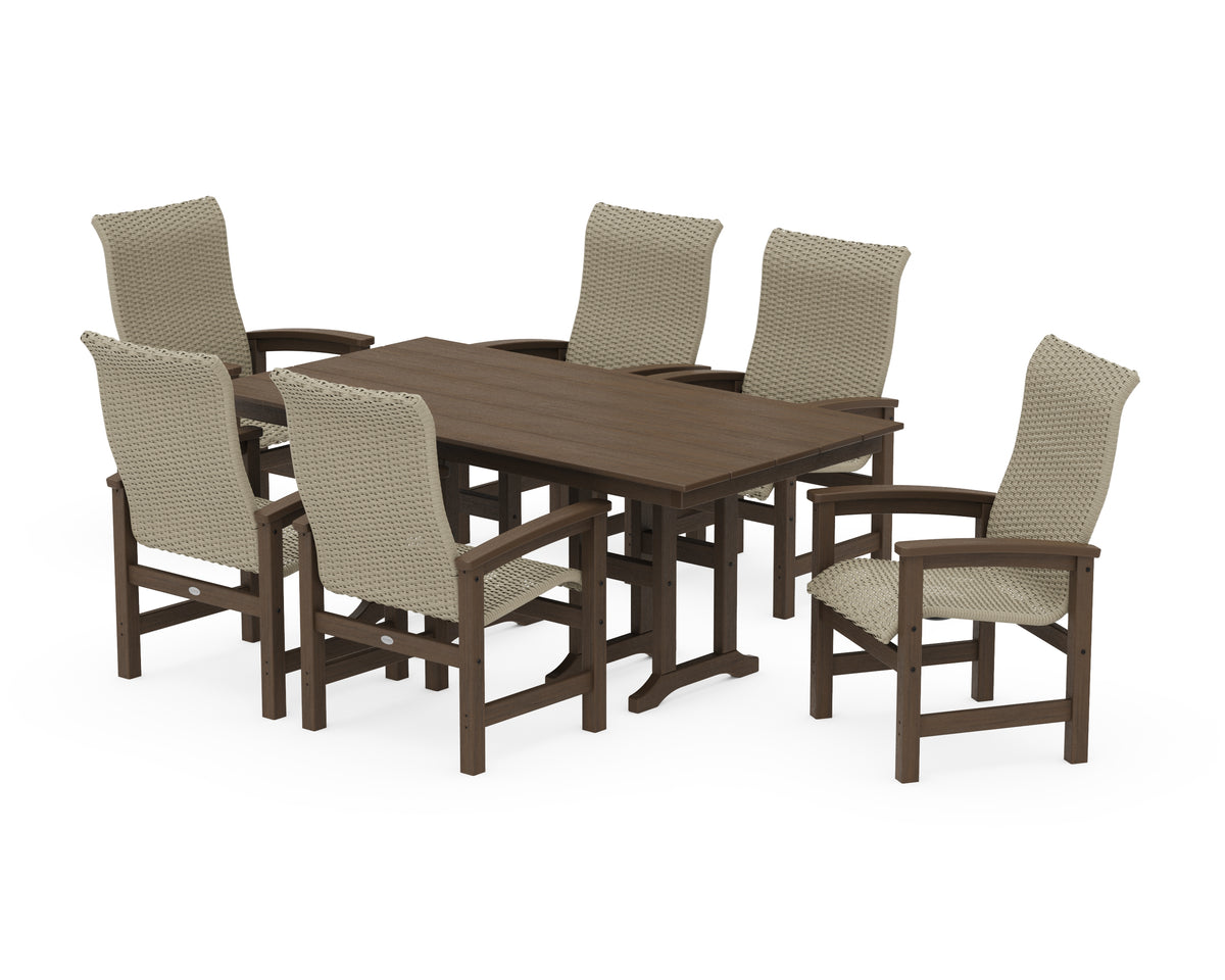 POLYWOOD Coastal Woven High-Back Arm Chair 7-Piece Farmhouse Dining Set in Kona / Dune Grass