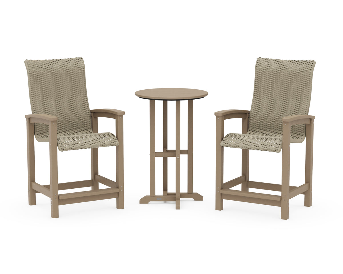 POLYWOOD Coastal Woven High-Back 3-Piece Farmhouse Counter Set in Vintage Sahara / Dune Grass