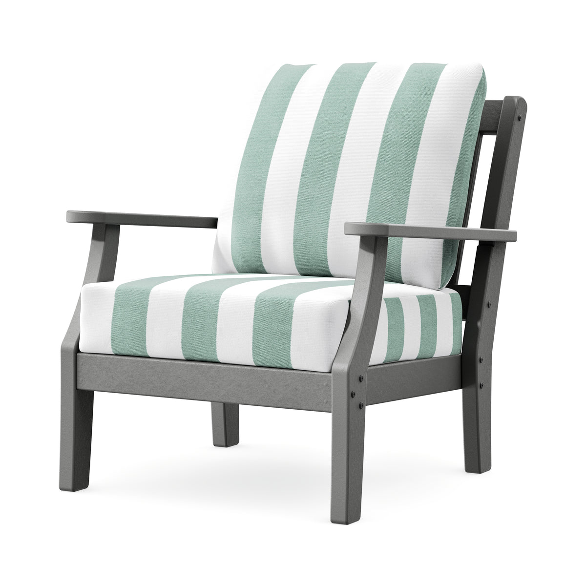 POLYWOOD Chinoiserie Deep Seating Chair in Slate Grey / Cabana Stripe Glacier Spa