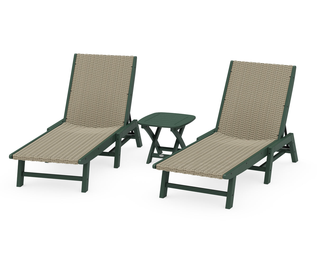 POLYWOOD 3-Piece Coastal Woven Chaise Lounge Set in Green / Dune Grass