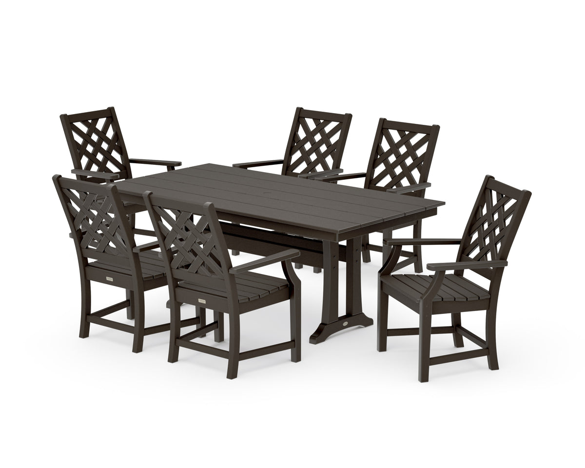 POLYWOOD Wovendale Arm Chair 7-Piece Farmhouse Dining Set with Trestle Legs in Vintage Coffee