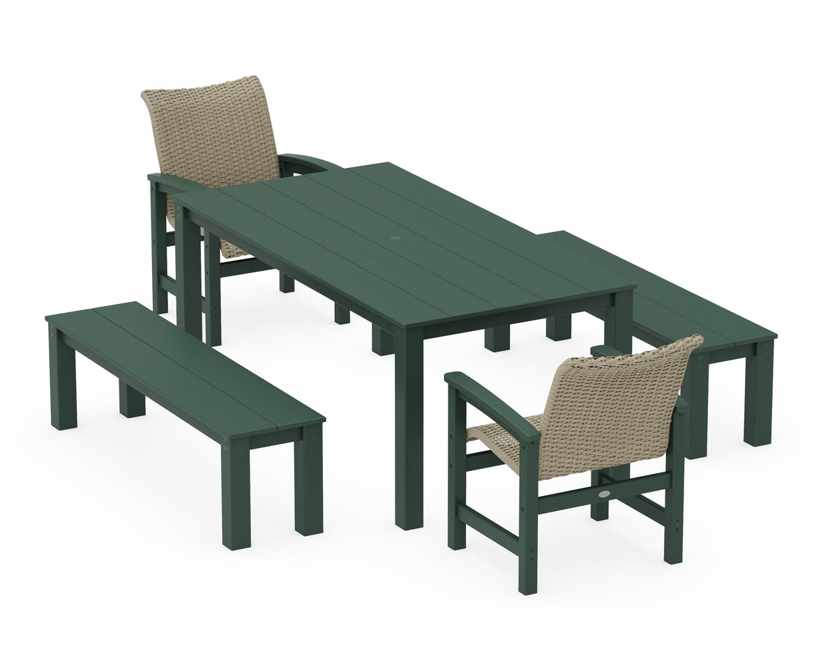 POLYWOOD Coastal Woven 5-Piece Parsons Dining Set with Benches in Green / Dune Grass