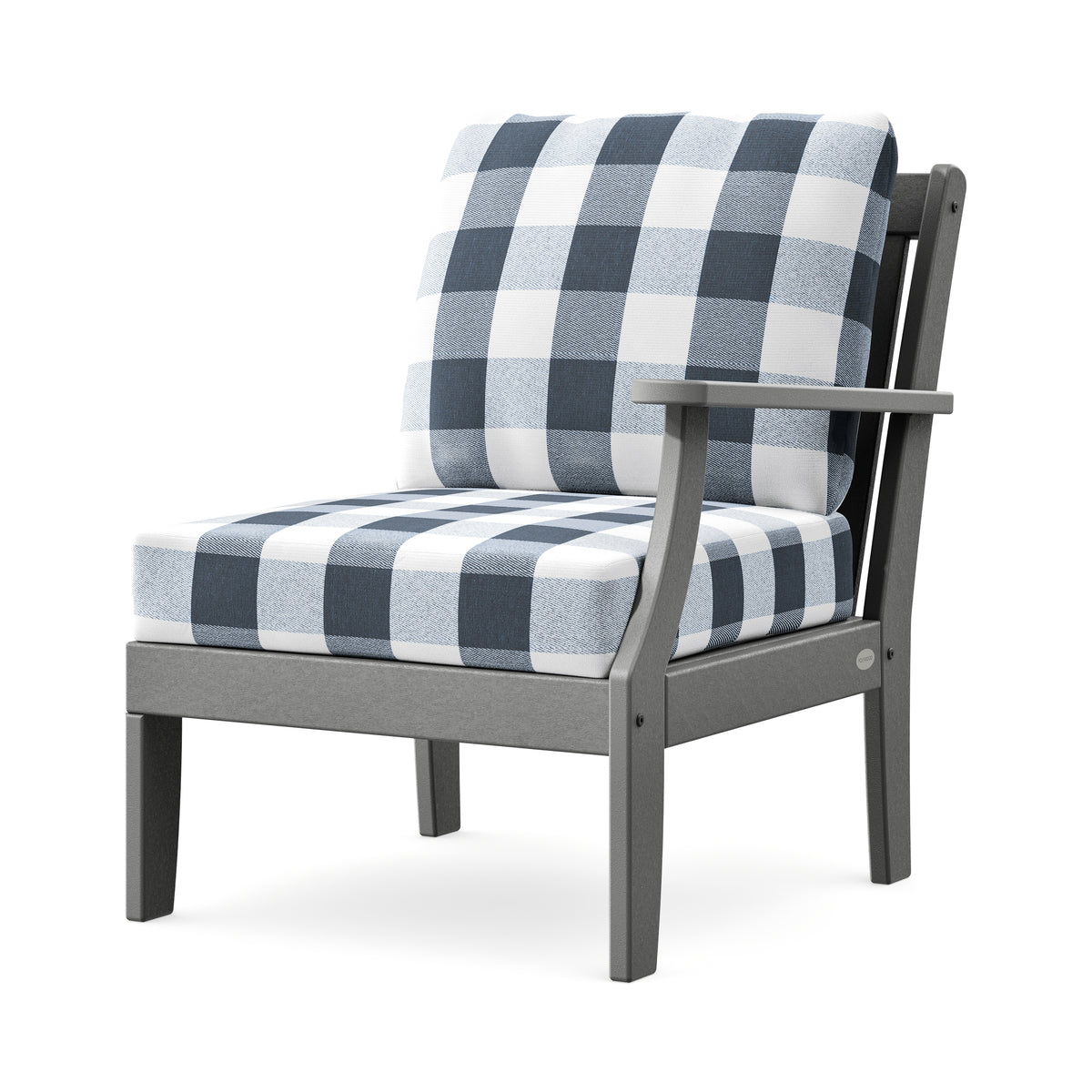 POLYWOOD Braxton Modular Right Arm Chair in Slate Grey / Buffalo Plaid Marine Indigo