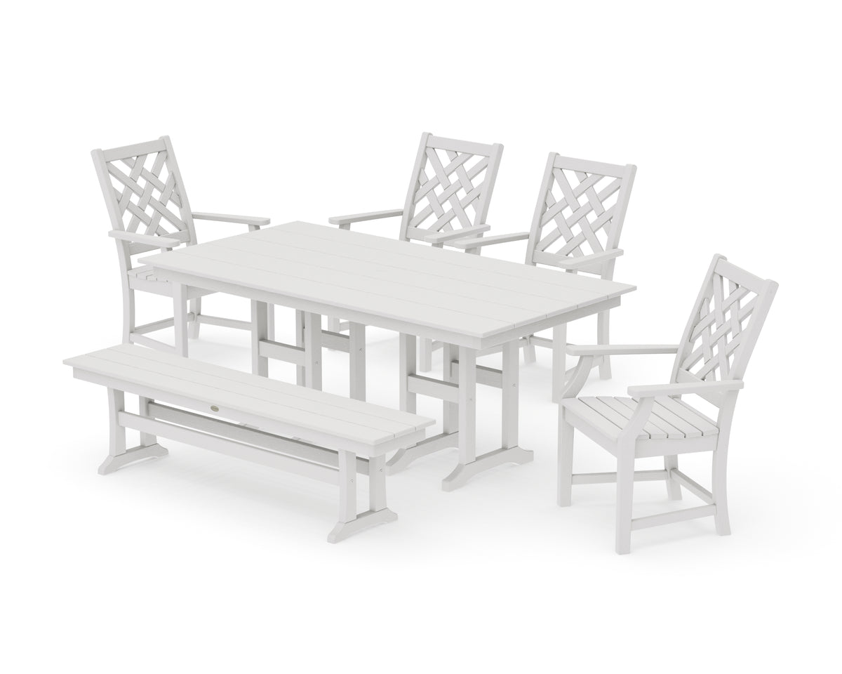 POLYWOOD Country Living Wovendale 6-Piece Farmhouse Dining Set with Bench with Farmhouse 37" x 72" Dining Table in Vintage White