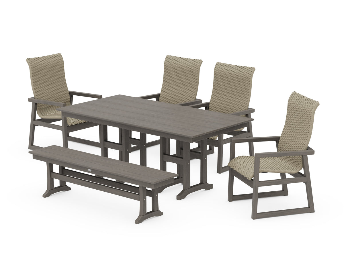 POLYWOOD EDGE Woven High-Back 6-Piece Farmhouse Dining Set with Bench in Driftwood / Dune Grass