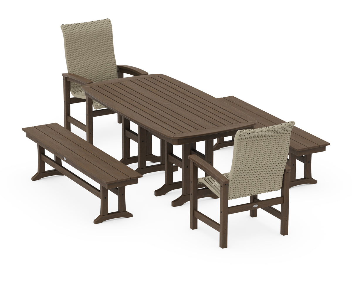 POLYWOOD Coastal Woven High-Back 5-Piece Dining Set with Benches in Kona / Dune Grass
