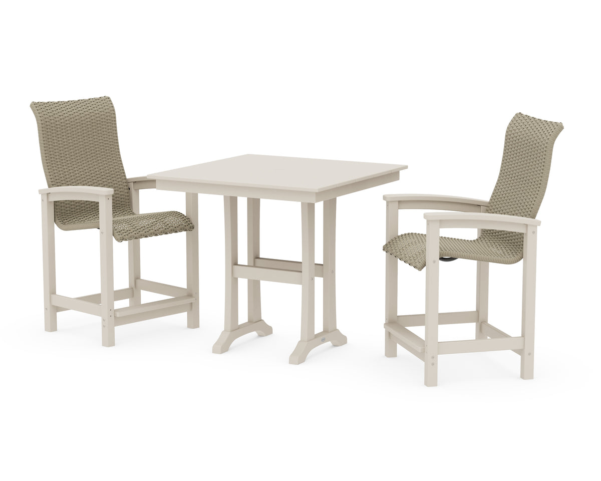 POLYWOOD Coastal Woven High-Back 3-Piece Farmhouse Counter Set with Trestle Legs in Sand / Dune Grass