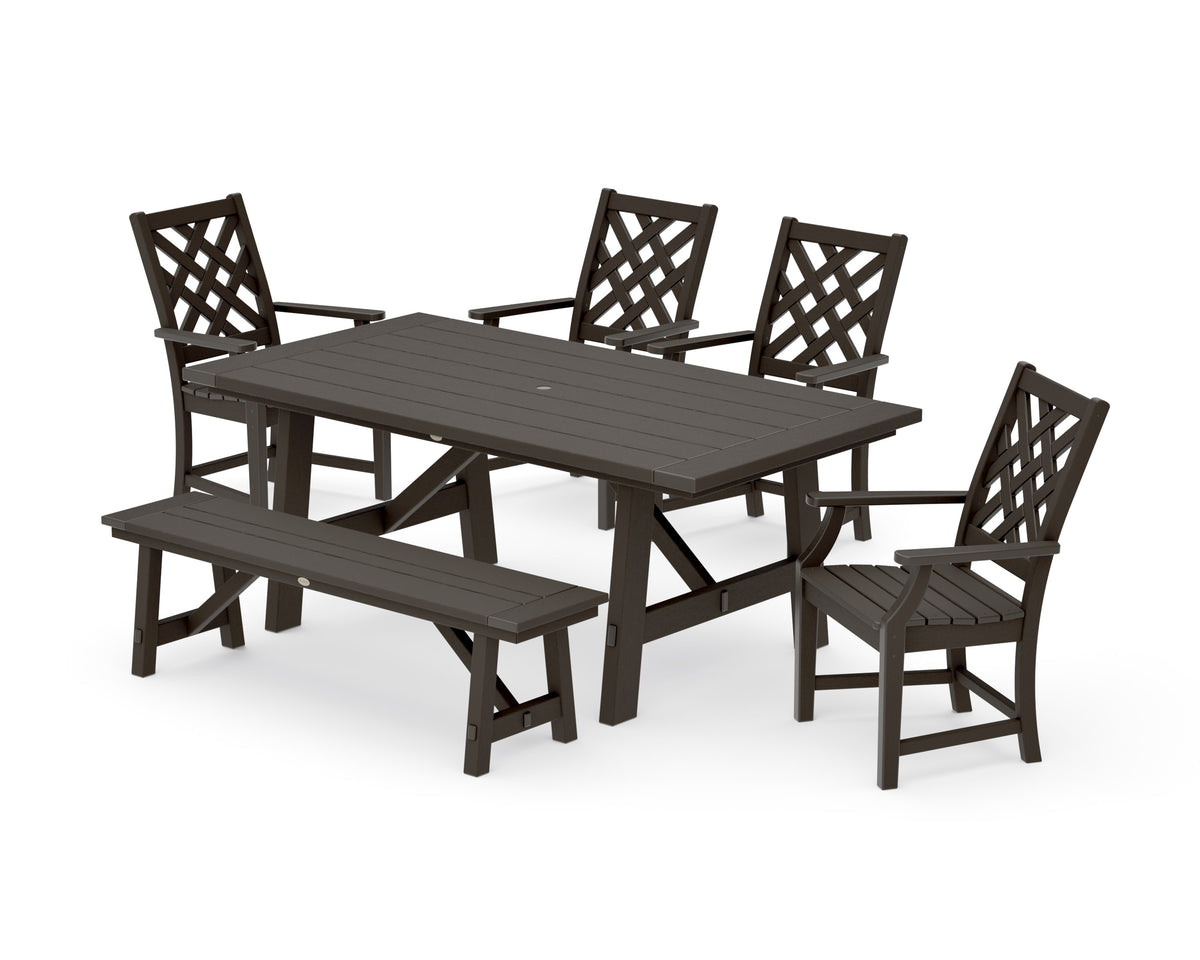 POLYWOOD Wovendale 6-Piece Rustic Farmhouse Dining Set with Bench in Vintage Coffee