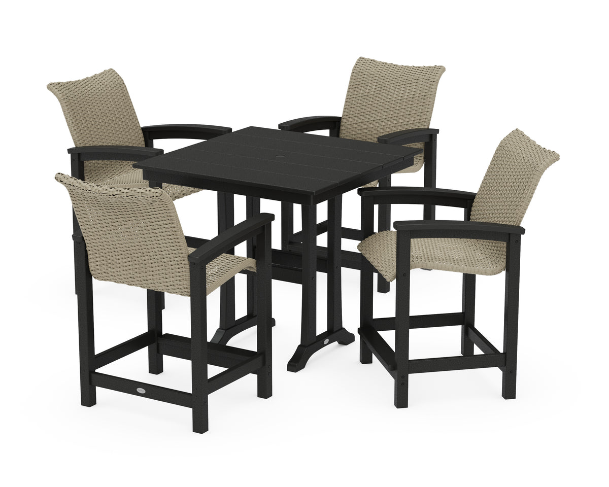 POLYWOOD Coastal Woven 5-Piece Farmhouse Counter Set with Trestle Legs in Black / Dune Grass