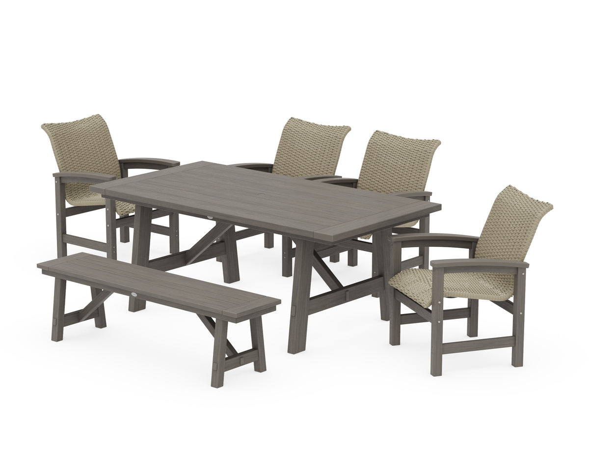 POLYWOOD Coastal Woven 6-Piece Rustic Farmhouse Dining Set with Bench in Driftwood / Dune Grass