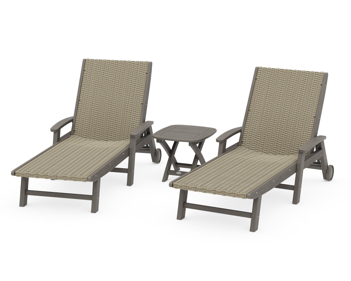POLYWOOD 3-Piece Coastal Woven Chaise with Arms and Wheels Lounge Set in Driftwood / Dune Grass