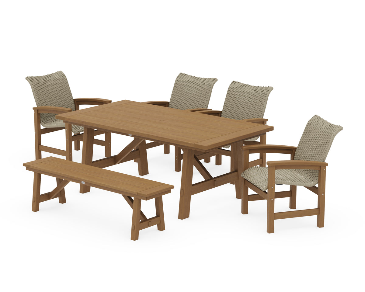 POLYWOOD Coastal Woven 6-Piece Rustic Farmhouse Dining Set with Bench in Natural / Dune Grass