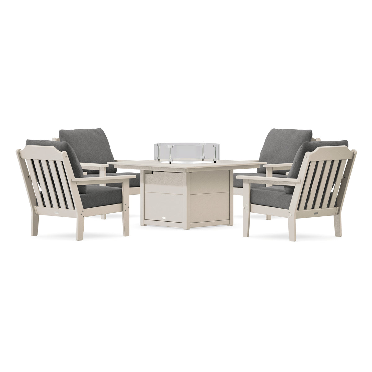 POLYWOOD Country Living Cottage 5-Piece Deep Seating Set with Fire Pit Table in Sand